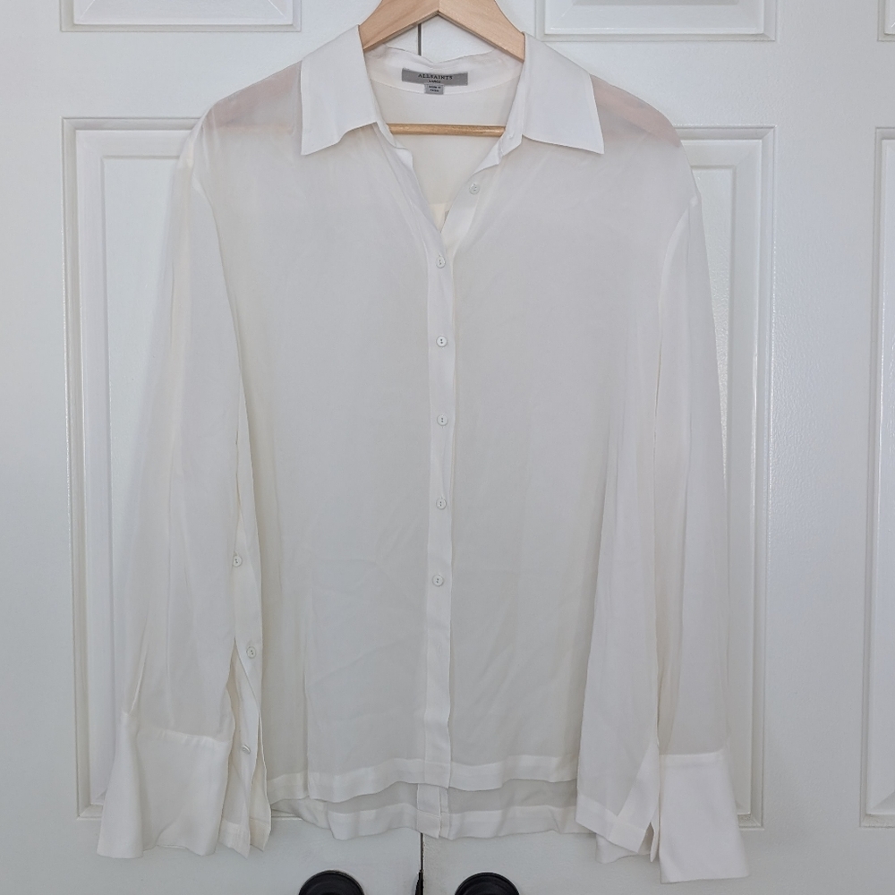 All Saints Long Sleeve Silk Blouse Crisp White